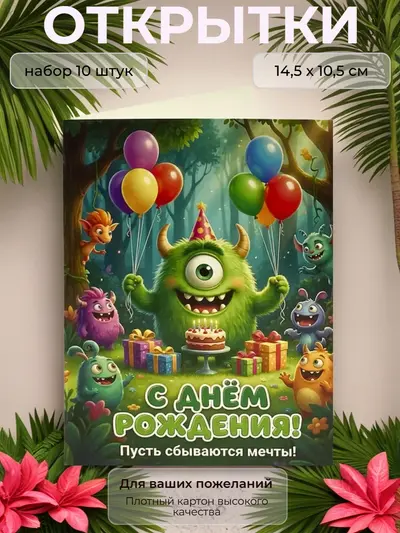 Открытка детская "С Днём Рождения" монстры, 10,5х14,5 см., набор 10 шт.